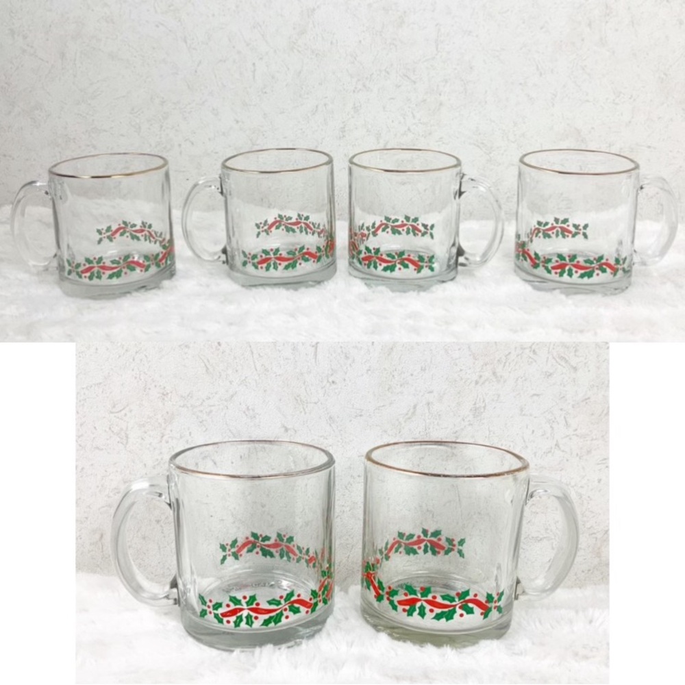 Vintage Libbey 6 Holly Berry Coffee Mugs Christmas Holiday Gold Trim